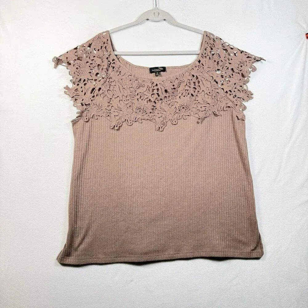 Suzanne Betro 3X Rib Knit Top Dusty Mauve Lace Crochet Yoke Plus Size Boho